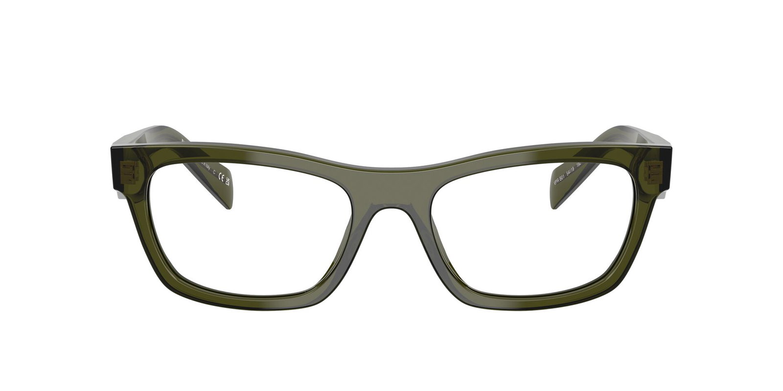 Das Bild zeigt die Prada Brille B01V in Transparent bottle von vorne.